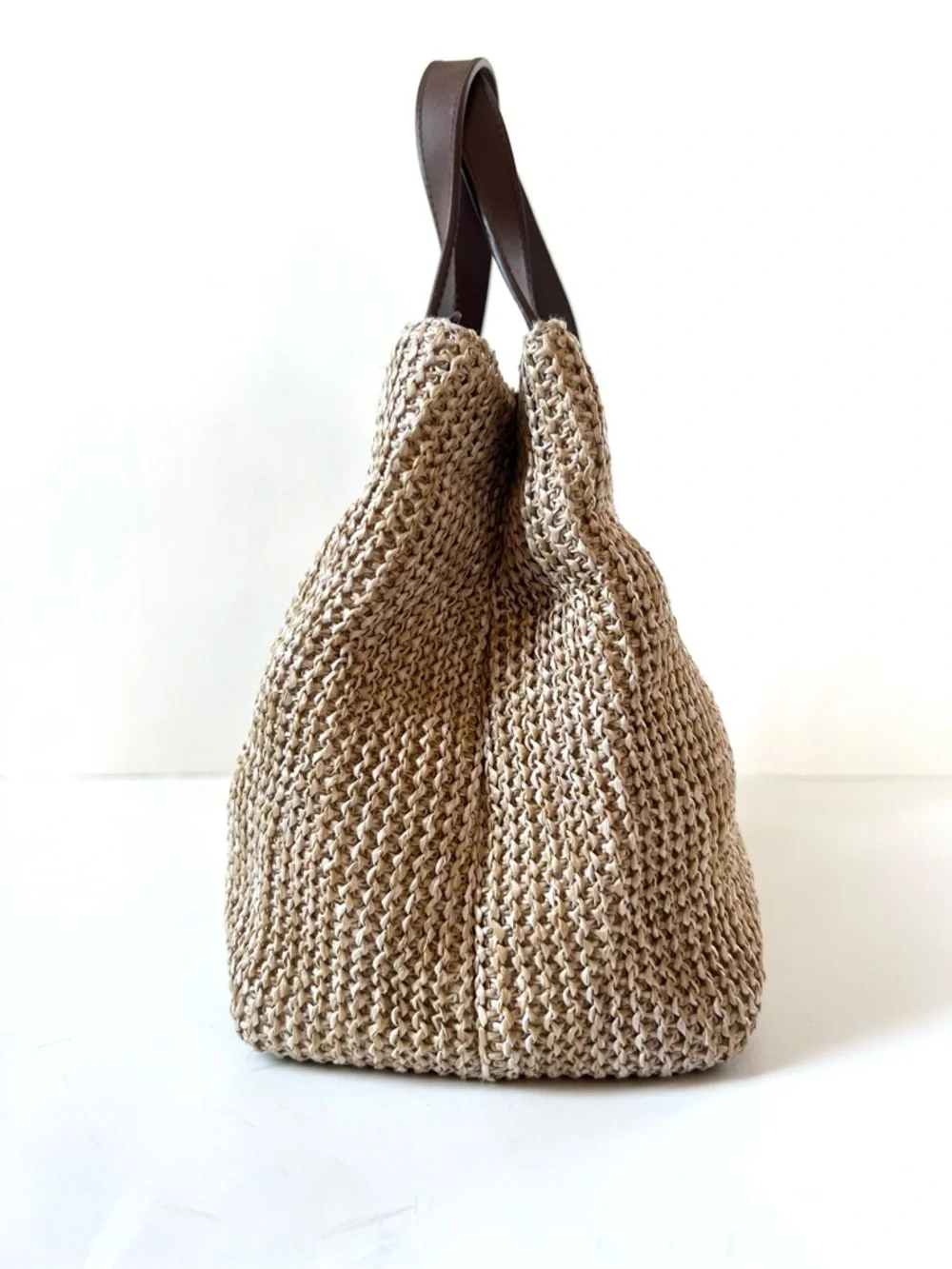 Relativity Woven Straw Tote Bag with Brown Leather Handles Beachy Coastal - Picture 7 of 11
